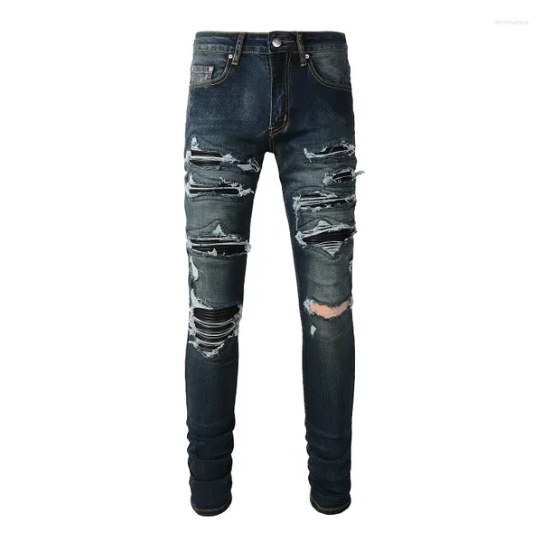 Jeans masculinos azul profundo de alta qualidade rua moda angustiado estiramento fino ajuste danificado buracos costelas de couro remendos magro rasgado