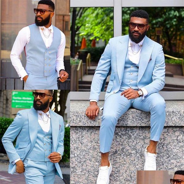 Casamento smoking céu azul 3 peças para homens plus size jaqueta colete calças personalizar noivo padrinhos terno masculino negócios formal wear drop del dhaeu