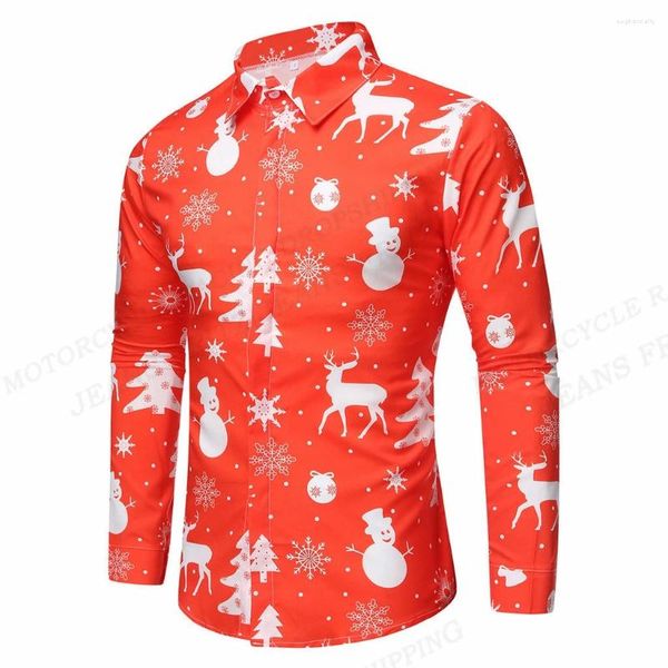 Camicie casual da uomo Natale 2024 Camicia a maniche lunghe hawaiana di Natale Fiocco di neve Renna Pupazzo di neve Moda Abiti da spiaggia per uomo Abbigliamento