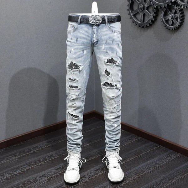 Jeans masculinos streetwear moda homens retro azul elástico estiramento magro ajuste rasgado beading remendado designer hip hop marca calças