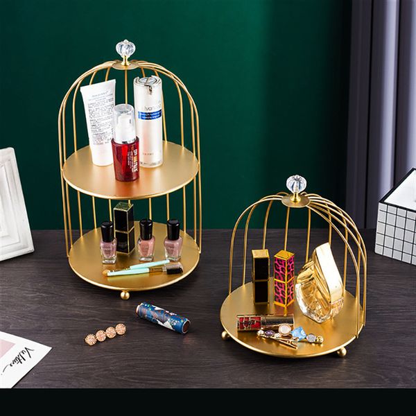 Полки ванной комнаты 2 слоя косметической стойки для хранения нордического золотого кекса для кекса Держатель Держатель Birdcage Desktop Rack Want Cosmetic Organizer 230422