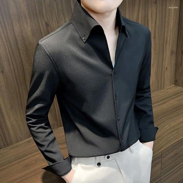 Camicie casual da uomo 2023 uomo d'affari manica lunga colletto rovesciato camicia maschile tinta unita slim fit disegni Fahion Tees H57