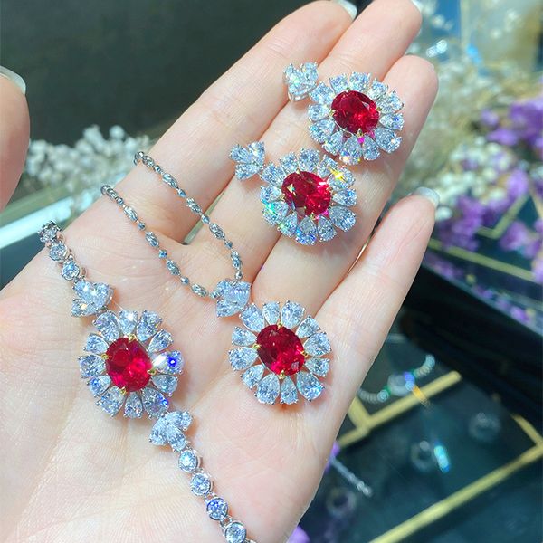 Flower Ruby Diamond Promise Set di gioielli in argento sterling 925 Bijou Orecchini da sposa Bracciale Collana per gioielli da sposa da donna