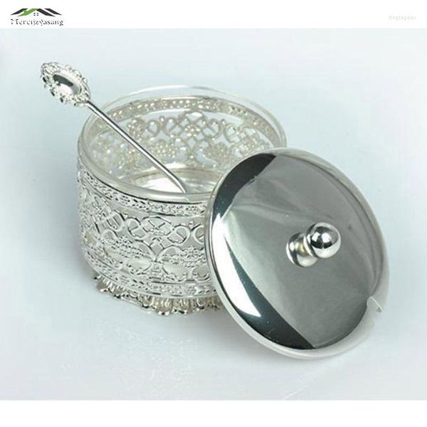 Set di stoviglie Elegante finitura argento Metallo acrilico Barattoli di sale/zucchero/tè/caffè Stoviglie con rotelle interne in cristallo di alta qualità