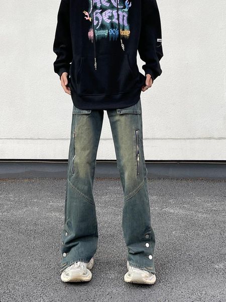 Jeans masculinos high street americano vintage botão de lavagem emendado solto tubo reto workwear harajuku calças punk