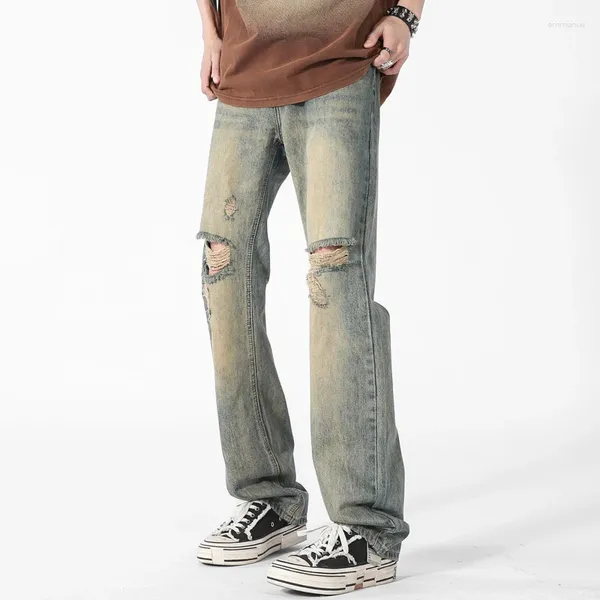 Jeans masculinos tfetters verão 2023 retro homens rasgados americano meados de ascensão baggy perna reta punk tendência estética streetwear 5xl