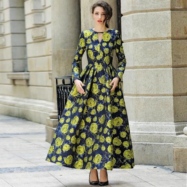 Casual Dresses Elegantes Kleid Jacquard Abend 2023 Herbst Frauen Mode Lange Blumen Vintage Weibliche Party Robe Formale Gelegenheit