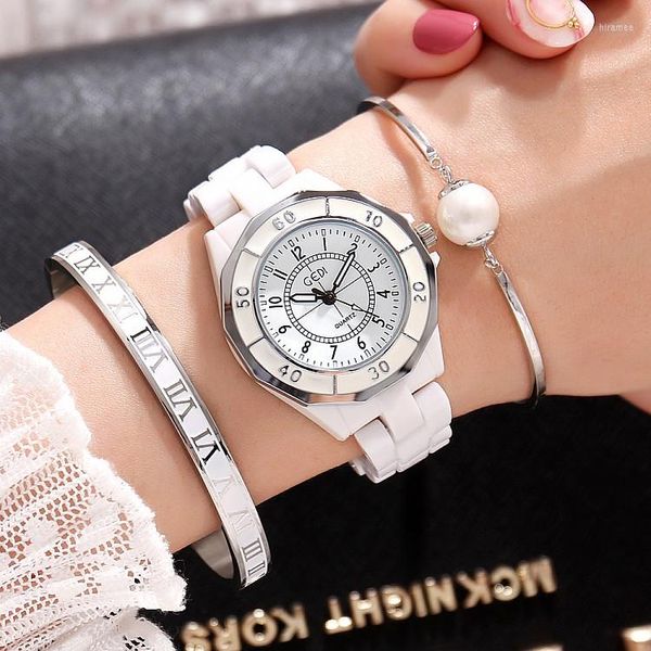 Нарученные часы gedi Fashion White Ceramics Women Watch Top Ladies Quartz Watch Bracelet Relogio Feminino Hodinky