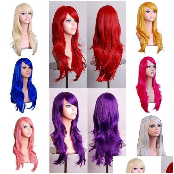 Cosplay Perücken 70 cm Locker gewellt Synthetik Für Frauen Perücke Blond Blau Rot Rosa Grau Lila Haare Menschliche Party Halloween Weihnachtsgeschenk Drop Dhmis