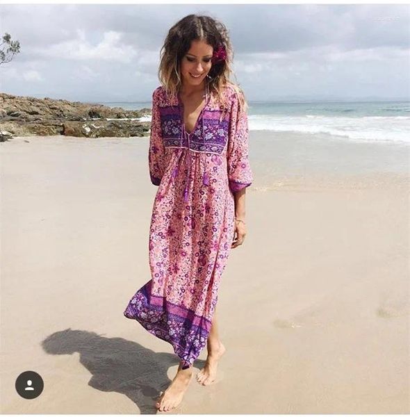 Vestidos casuais super chique rosa floral estilo boêmio vestido longo mulheres manga rayon outono borla v-pescoço boho