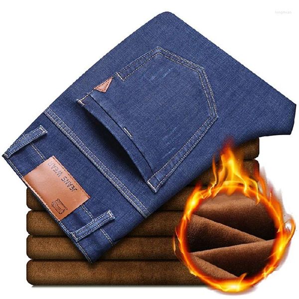 Мужские джинсы высокого качества, мужские флисовые деловые повседневные прямые эластичные джинсовые брюки, осень-зима, большие размеры, утепленные теплые брюки