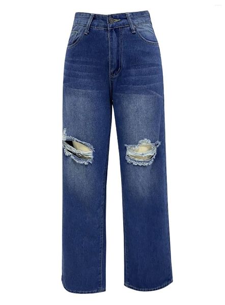 Jeans da donna Stock 2023 Europa e Stati Uniti Pantaloni dritti a gamba larga lavati con foro largo Lavaggio blu scuro