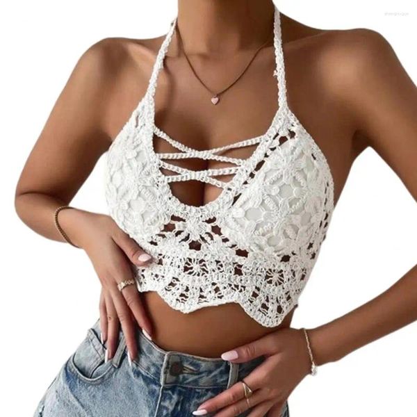 Tanques femininos Mulheres Camis Lace-up Halter Backless Crop Tops Verão Cor Sólida Com Decote Em V Sem Mangas Oco Out Crochet Colete