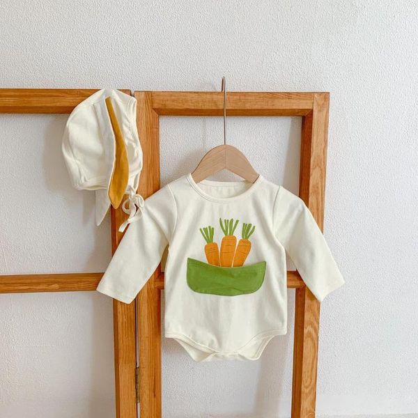Strampler 2023 Herbst Baby Bodys Langarm Set Nette Karotte Print Romper Hut Geboren Jungen Kleidung Kleinkind Indoor