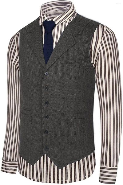 Herrenwesten Neueste Herrenweste Grau Hochzeit Herringbone Tweed Business Anzug Weste Jacke Formal Vintage Schwarz für Bräutigam Trauzeugen