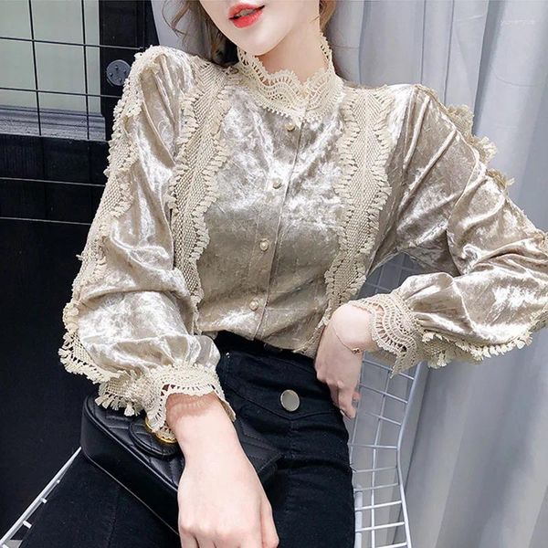 Ethnische Kleidung 2023 Frühling Koreanische Lange Hülse Frauen Kleidung Gold Samt Spitze Aushöhlen Tops Frau Mode Bluse