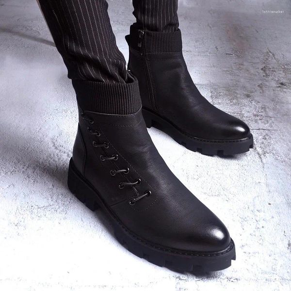 Botas masculinas moda couro original preto elegante outono inverno sapatos plataforma cowboy bota marca designer tornozelo botas masculinas