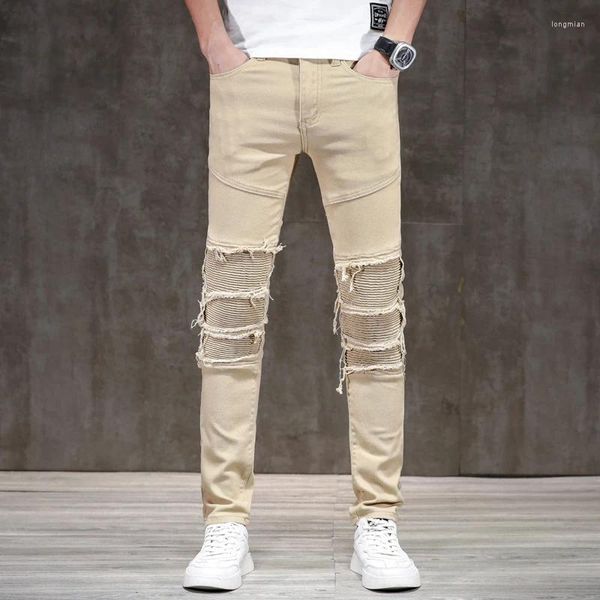 Männer Jeans Khaki Rot Für Männer Slim Fit Strtch Patchwork Plissee Männliche Denim Hosen Street Hip Hop Hosen Motorrad