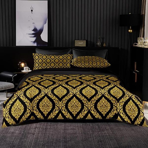 Set biancheria da letto Set dorato stile nobile Copripiumino king size con federa Copripiumino nero Coperta Lenzuolo nero224O