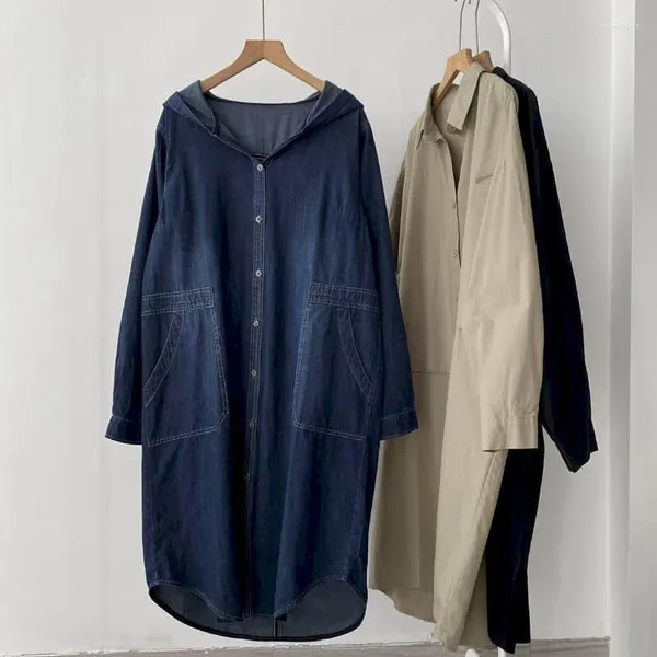 Camicette da donna Camicie di jeans da donna Cardigan oversize vintage con cappuccio Manica lunga Cappotti casual al ginocchio Top stile coreano