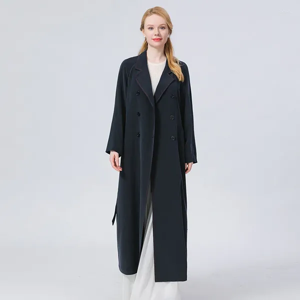 Trench da donna Trench Fashion Collar Women Women Solid Double Breasted Belt Giacca Simple Office Lady Silk Coat Fe162