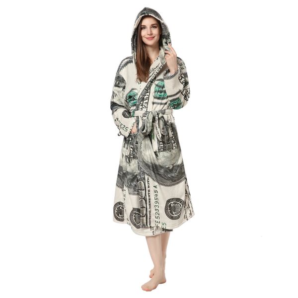 Kadınlar Robe ABD Doları Baskılı Banyıl Avrupa ve Amerika Çift Kapşonlu Pijama Flannel Homewear Kişiselleştirilmiş Nightgown 231121