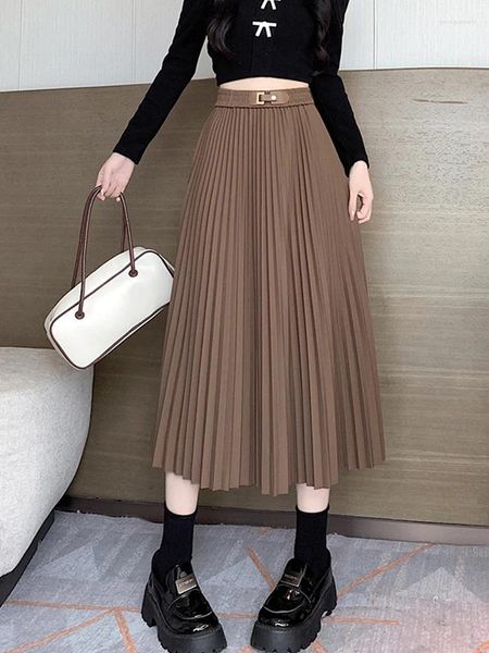 Saias Tigena elegante plissado midi saia longa para mulheres 2023 outono inverno coreano simples sólido uma linha de cintura alta feminina senhora