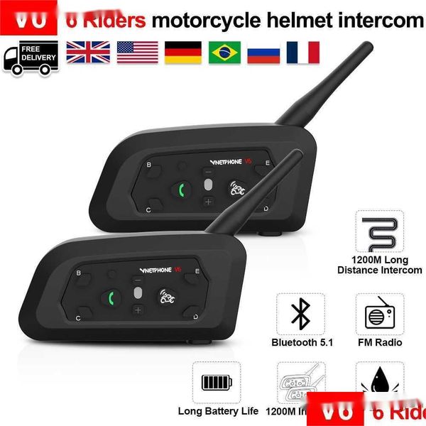 Interfono per moto Walkie Talkie V6 Auricolare per casco Bluetooth con Bt5.1 Wireless 1200M 6 Riders Interphone Accessori Supporto Gps Dhax6