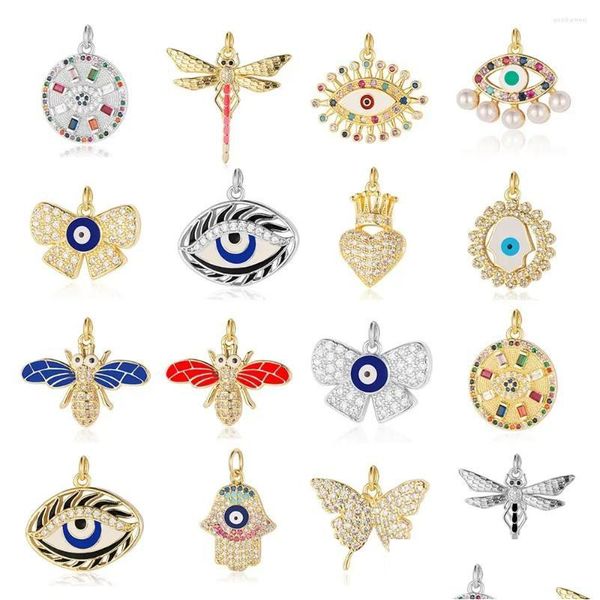 Charms Charms Libellula Farfalla Ape Rame Cz Fascino Occhio Corona Cuore Hamsa Nodo a mano Gioielli fai da te Bracciale Collana Ciondolo Goccia Deliv Dhdex