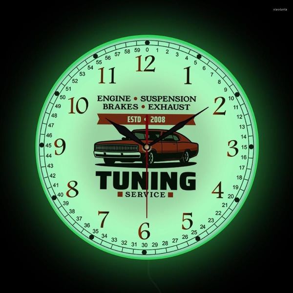 Настенные часы Auto Repair Turing Service Service Modern Design Clock с светодиодным гаражным гаражом Электронный рекламный знак