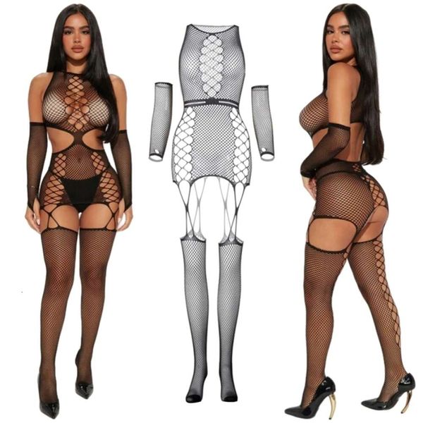 Set di lingerie a rete taglie forti Collant sexy con apertura sul cavallo da donna Scava fuori calze trasparenti per tutto il corpo Hot Pole Dance Clubwear