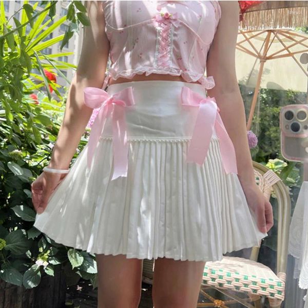 Saias brancas plissadas para meninas doces verão arcos cordão decoração estilo lolita shorts bonitos saia roupas kawaii