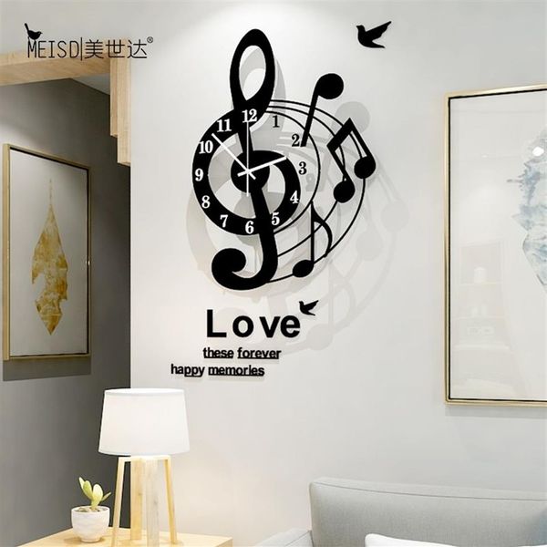 Musiknoten Kunst Kreative große Wanduhr modernes Design 3D Mode Acryl Uhren Uhr Wohnzimmer Home Decor 210297e