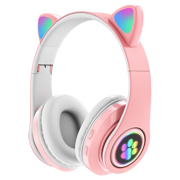 Cuffie Bluetooth con orecchio di gatto carino Cuffie wireless pieghevoli stereo con flash luminoso a LED con microfono TF FM per bambini Regali per ragazze