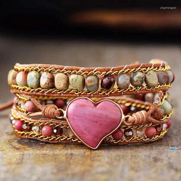 Pulseira em forma de coração multi-camada pulseira para mulheres retro estilo étnico vermelho listrado para dar presente jóias namorada