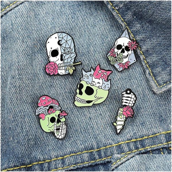 Cartoon Zubehör Rose Serie Skl Pilz Broschen Pins Legierung Malerei Katze Blumen Kragenabzeichen für Halloween Geschenk Skeleton Knaps Dhrxw