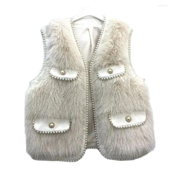 Gilet da donna Gilet in finta pelliccia da donna Autunno Inverno Tasca con perline Giacca senza maniche Plus Cappotto in cotone Lady Gilet caldo e morbido