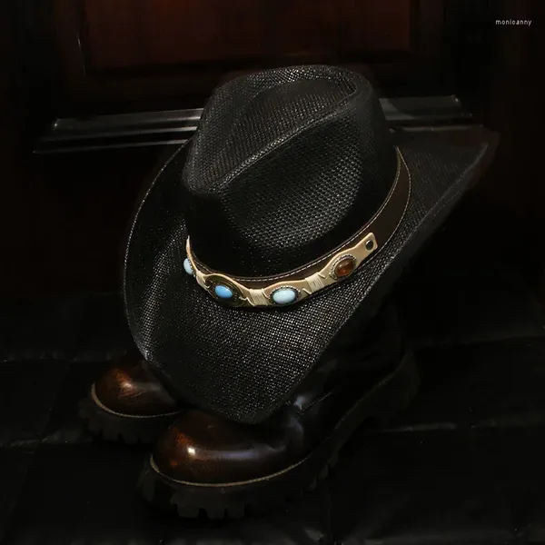Baskenmützen im Retro-Ethno-Stil, türkisfarbene Perlen, Ledergürtel, für Damen und Herren, bemaltes Hartstroh mit breiter Krempe, Strand-Cowboy-Cowgirl-Western-Sonnenhut