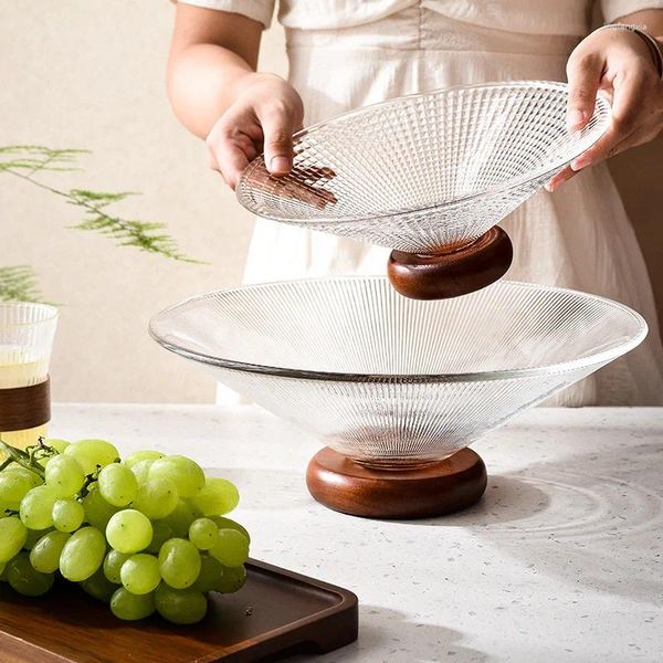 Тарелки Стеклянный поднос для фруктов Резиновое деревянное основание Бытовой чайный столик Светильник Роскошная тарелка на высокой ножке Десерт
