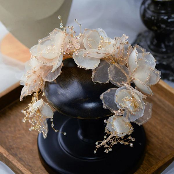 Cabelo de casamento Jóias de jóias Champagne Flores de flores artesanais Bandas de cabeça Pearls Bandas de cabelo de noiva Acessório de cabelo do casamento Prom Wear 231121