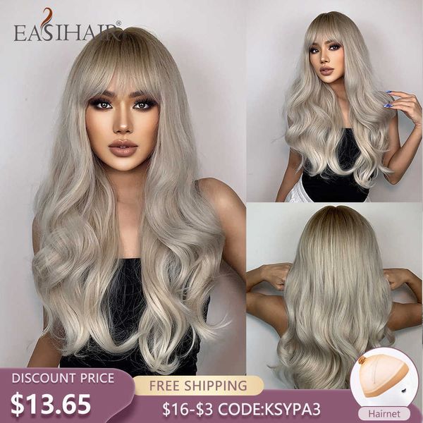 Синтетические парики Easihair Grey Blonde Ombre Синтетические парики волос длинные натуральные волнистые теплостойкие парик с челкой для женщин ежедневно косплей Fake 230227