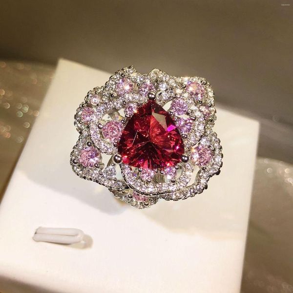 Кластерные кольца тонкое овальное рубиновое розовое открытие цветов Регулируемое кольцо пары для женщин красное серебристое годовщина в форме сердца подарок