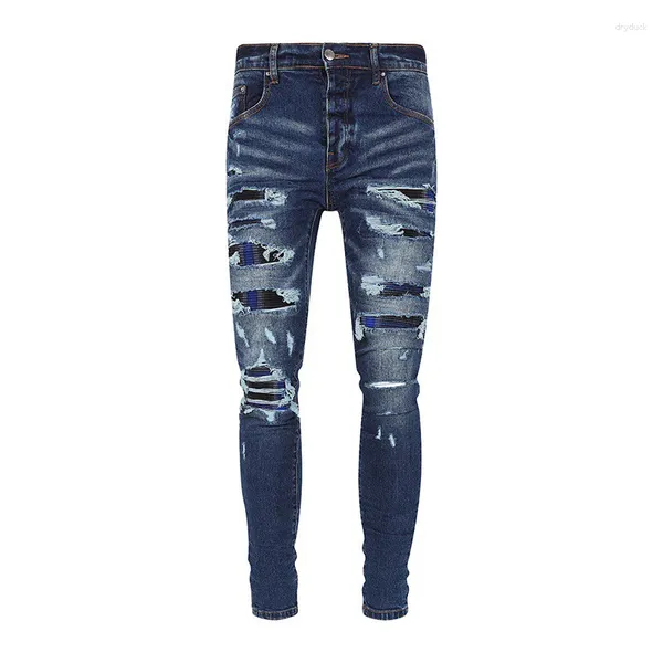 Jeans da uomo High Street Moda Uomo Retro Blu scuro Stretch Skinny Strappato Plaid Patch Designer Pantaloni Hip Hop di marca Hombre