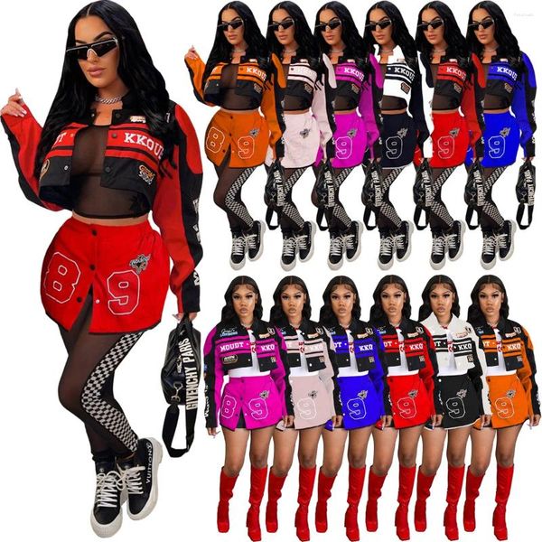 Jaquetas femininas corrida destacável varsity casacos carta impresso botão up bombardeiro 2023 outono inverno streetwear fitness saia conjunto de correspondência