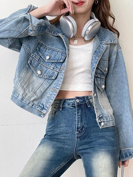 Jaquetas femininas vintage denim para mulheres botão cortado desgastado jean jaqueta manga longa casaco 2024 streetwear outfits