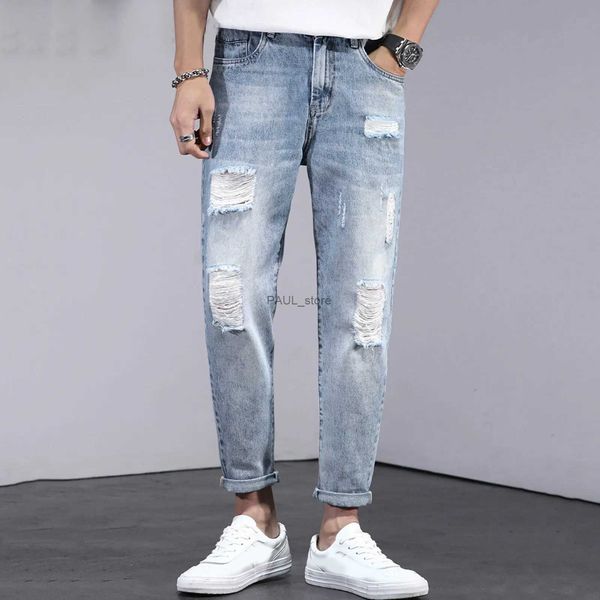Мужские джинсы Рваные джинсы с потертостями и кисточками для мужчин с низкой посадкой и карманами-мухами Тонкие джинсовые мужские брюки Ранней осенью Подходит для повседневной мужской дизайнерской одеждыL231122L231122