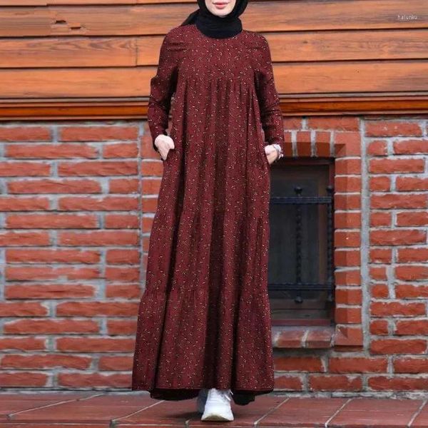 Abbigliamento etnico Stile semplice Stampa Abiti lunghi Abaya musulmani per le donne Dubai Turchia Islam Abiti Casual Abito vintage in cotone e lino