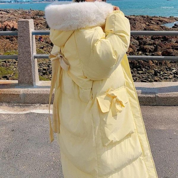 Casacos de trincheira feminino estilo universitário amarelo longo casaco de algodão 2023 moda inverno sobre o pão do joelho