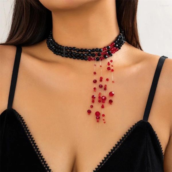 Anhänger-Halsketten Bluttropfende Quaste Gothic-Halskette für Frauen Halloween-Accessoires Kostüm Perlen mehrschichtiger Schmuck Partygeschenke