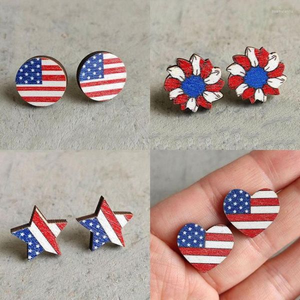 Ohrstecker Amerika Flagge Druck Runder Stern Aus Holz Für Frauen Rot Weiß Blau Sonnenblume Patriotisch Schmuck Großhandel